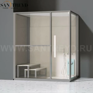 Effegibi H LARGE LO80010004 Комбинированная баня: хаммам и душ. Установка: в левый угол. Левая дверь. Мощность: 4,5 кВт макс. Размеры: длина 173 см, ширина 102 см. Отделка: матовый лакированный серый аллюминий и бежевый ламинат из керамогранита.