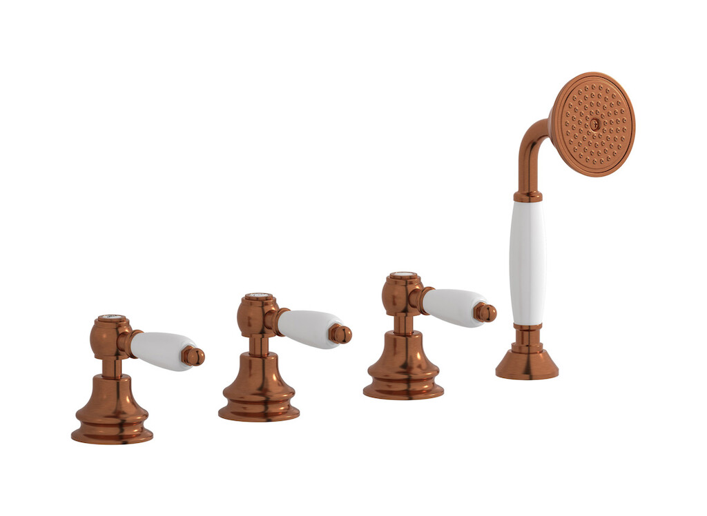 Смеситель на бортик ванной на 4 отверстия с изливом, дивертером и душевым гарнитуром. WE ARE IB hl397rr_2 Antique Copper Hermes