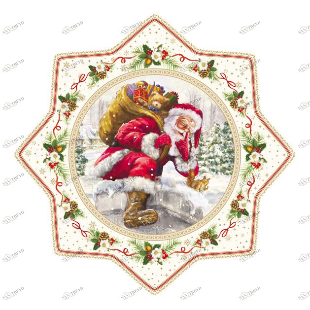 Блюдо фарфоровое для торта 32 см бежевое "Дед Мороз с подарками" EASY LIFE НОВОГОДНЯЯ КОЛЛЕКЦИЯ 00-3947040 Бежевый 