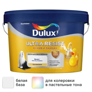 Краска для стен кухня и ванная Dulux Ultra Resist моющаяся полуматовая цвет белый база BW 2.5 л