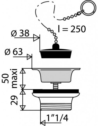 604200 000 00  Слив умывальника с цепным ограничителем, Д. 38 мм, затяжка 5/50 мм, пластик Valentin Хром  - Вид №2
