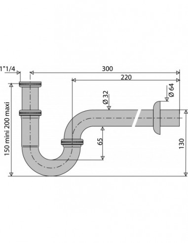 170200 000 00  Сифонная трубка для умывальника, регулируемая от 150 до 200 мм, выход Д. 32 мм, диаметр розетки 64 мм, хромированная латунь Valentin Хром  - Вид №2
