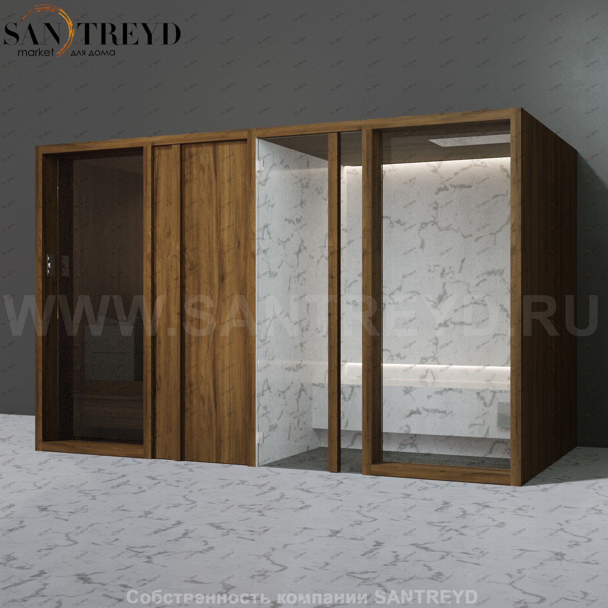 Effegibi YOKU.D SH YO.20310004 Комбинированная баня: хаммам и сауна. Установка: к стене Мощность: 10,5 кВт макс. Размеры: длина 342 см, ширина 170 см. Отделка: чёрный орех и светлый керамогранит YO20310004