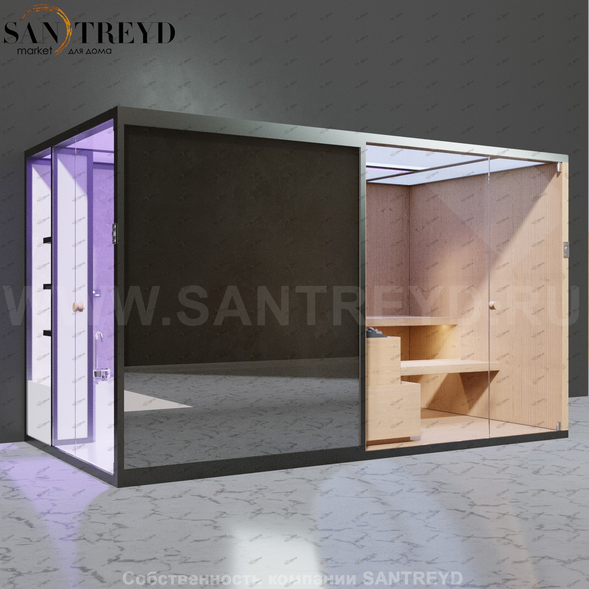 Effegibi BODYLOVE SH BL45110009 Боковая комбинированная баня: хаммам и сауна. Установка: к стене. Мощность: 15 кВт макс. Размеры: длина 393 см, ширина 176 см. Отделка: канадский хемлок, светлый керамогранит и зеркало.