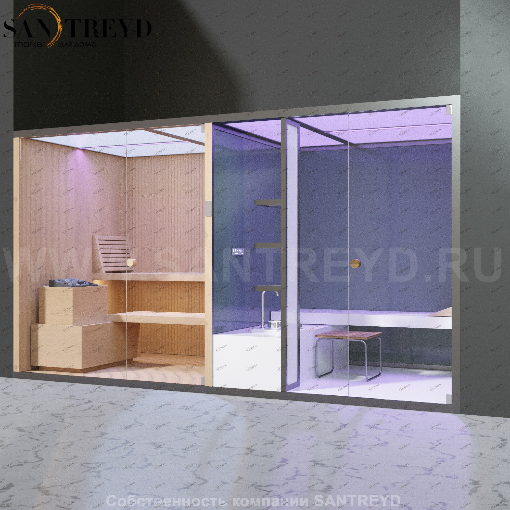 Effegibi BODYLOVE SH BL40130001 Фронтальная комбинированная баня: хаммам и сауна. Установка: в нишу. Мощность: 15 кВт макс. Размеры: длина 393 см, ширина 176 см. Отделка: канадский хемлок и гладкое стекло.