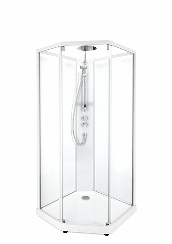 558.905.00.1 IDO Showerama 10-5 900x900 Pentagon Comfort, душевая кабина IDO Showerama в сборе Comfort пятиугольная, белые профили / прозрачное стекло / матовое стекло сзади, 900X900 мм 