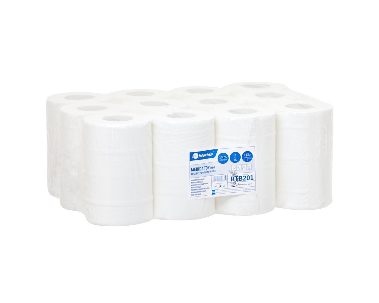 RTB201 Бумажные полотенца в рулонах TOP MINI, белые, диаметр 13 см, длина 70 м, двухслойные, в упаковке 12 шт. Merida 