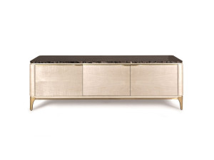 Деревянный шкаф для телевизора с распашными дверцами и мраморной столешницей