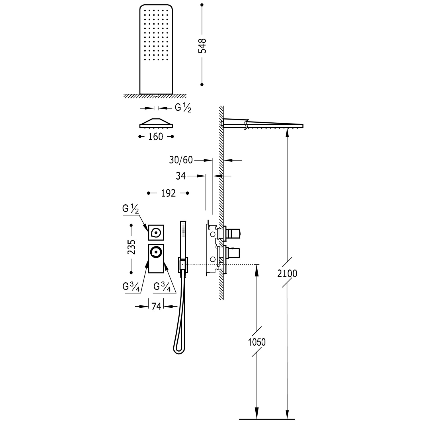 БЛОЧНАЯ СИСТЕМА блочная система 2-ходовой скрытый термостатический смеситель для душа в комплекте-20635202 TRES Thermostatic - Вид №1