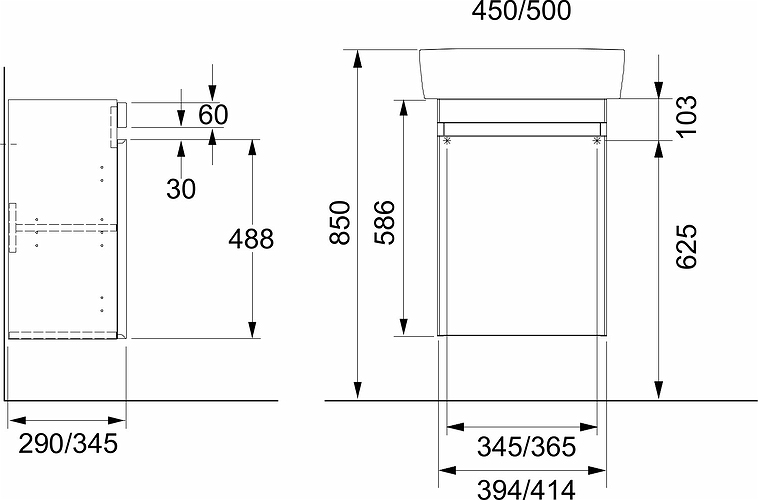 44755 IFO Renova Тумба под раковину плоская, с дверцей, W = 414 мм, W1 = 500 мм, T = 345 мм, вяз, пленка  - Вид №8