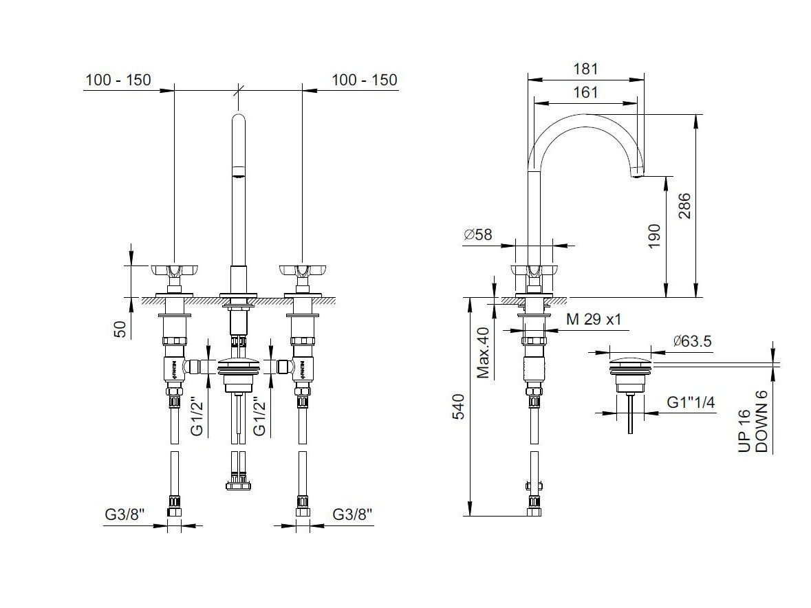Умывальник с 3 отверстиями для столешницы и стены Fantini Rubinetti Icona Classic ARCH-00002597 - Вид №4