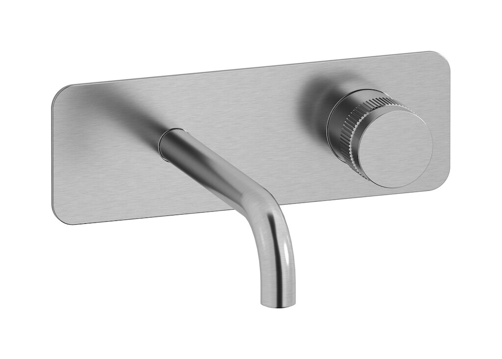 Настенный смеситель для раковины прогрессивный на 2 отверстия в комплекте с донным клапаном. WE ARE IB rx206ss Brushed Nickel Reflex