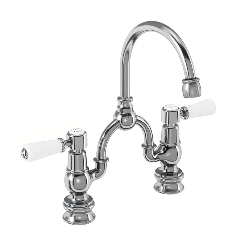 Burlington Смеситель Regent Arch с 2 отверстиями для смесителя Kensington с изогнутым изливом (центры 200 мм) Четверть оборота с белым акцентом KER27-QT 