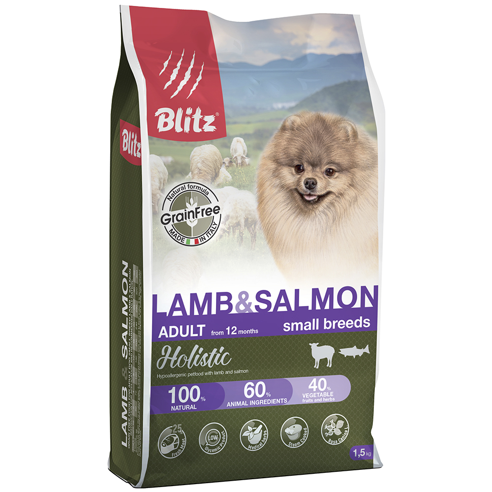 ПР0055613 Корм для собак Holistic беззерновой для мелких пород, ягненок, лосось сух. 1,5кг Blitz 