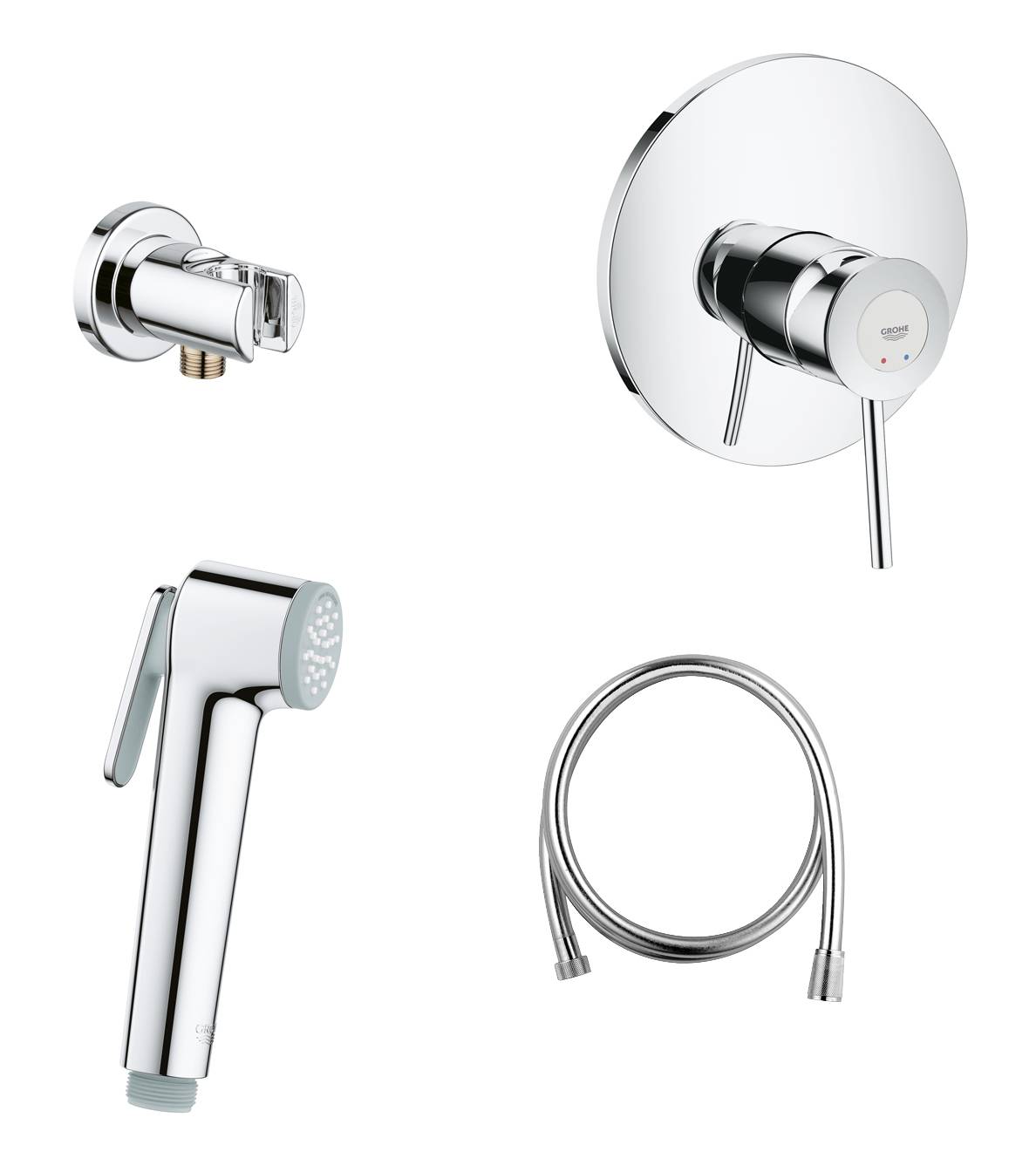 Готовый комплект для гигиенического душа GROHE BauClassic, встраиваемый смеситель, гигиенический душ со шлангом и держателем, хром (124901)