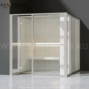 Effegibi LOGICAFILO H LO31020005 Хаммам. Установка: в левый угол. Правая дверь. Мощность: 4,5 кВт макс. Размеры: длина 214 см, ширина 250 см. Отделка: матовый лакированный белый аллюминий и серый ламинат из керамогранита.