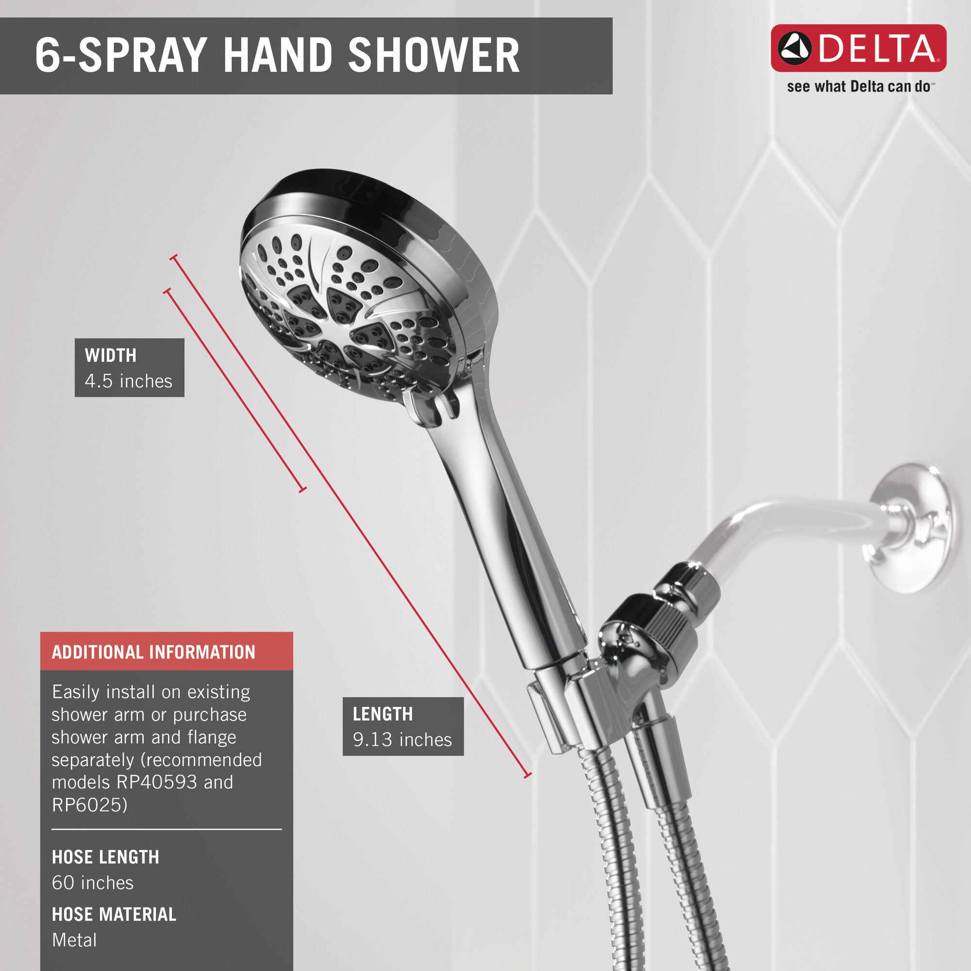 Ручной душ 2,5 галлона в минуту, 6 режимов Delta Faucet 75605D - Вид №1
