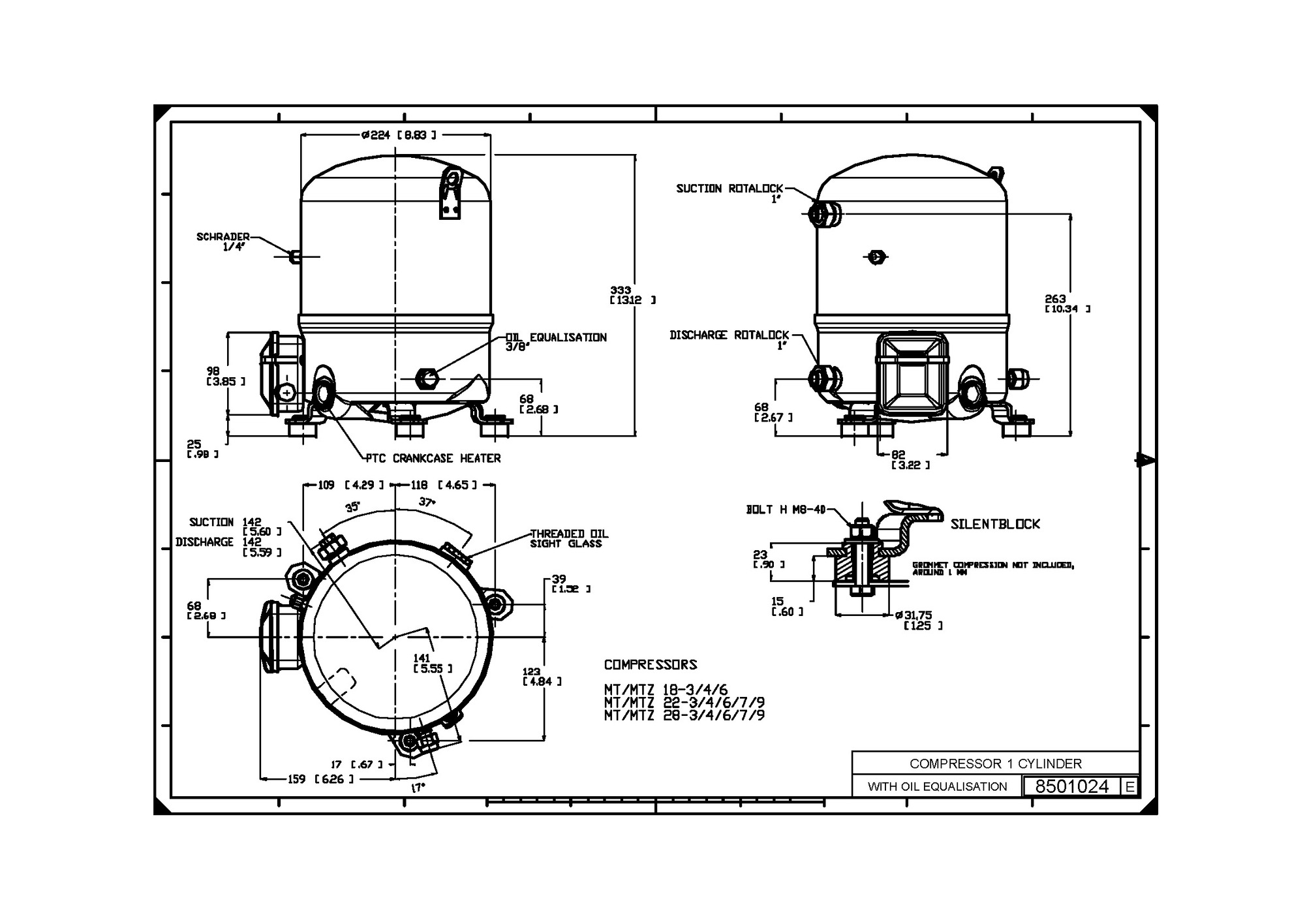 Danfoss MT/MTZ — Герметичные поршневые компрессоры MT160-4V Компрессор MT160-4VM  - Вид №12