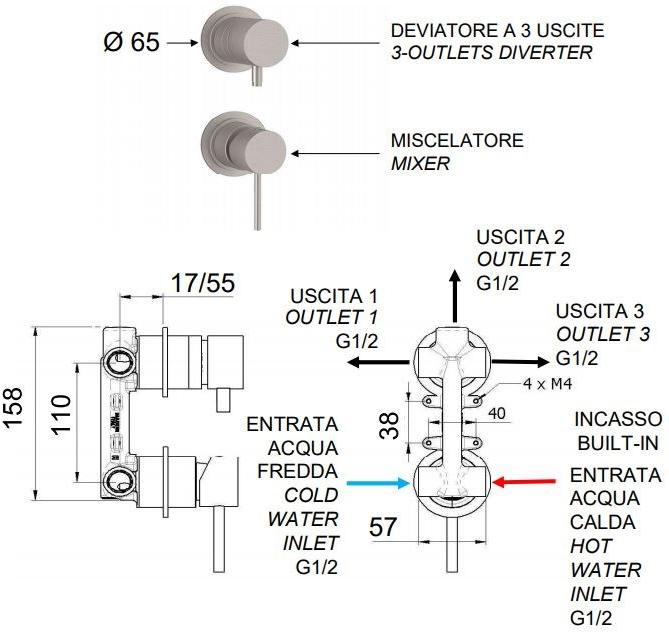 Remer Rubinetterie Смеситель для душа из нержавеющей стали на 2 отверстия с переключателем X style inox Ss x 92 p, ss x 93 p - Вид №1