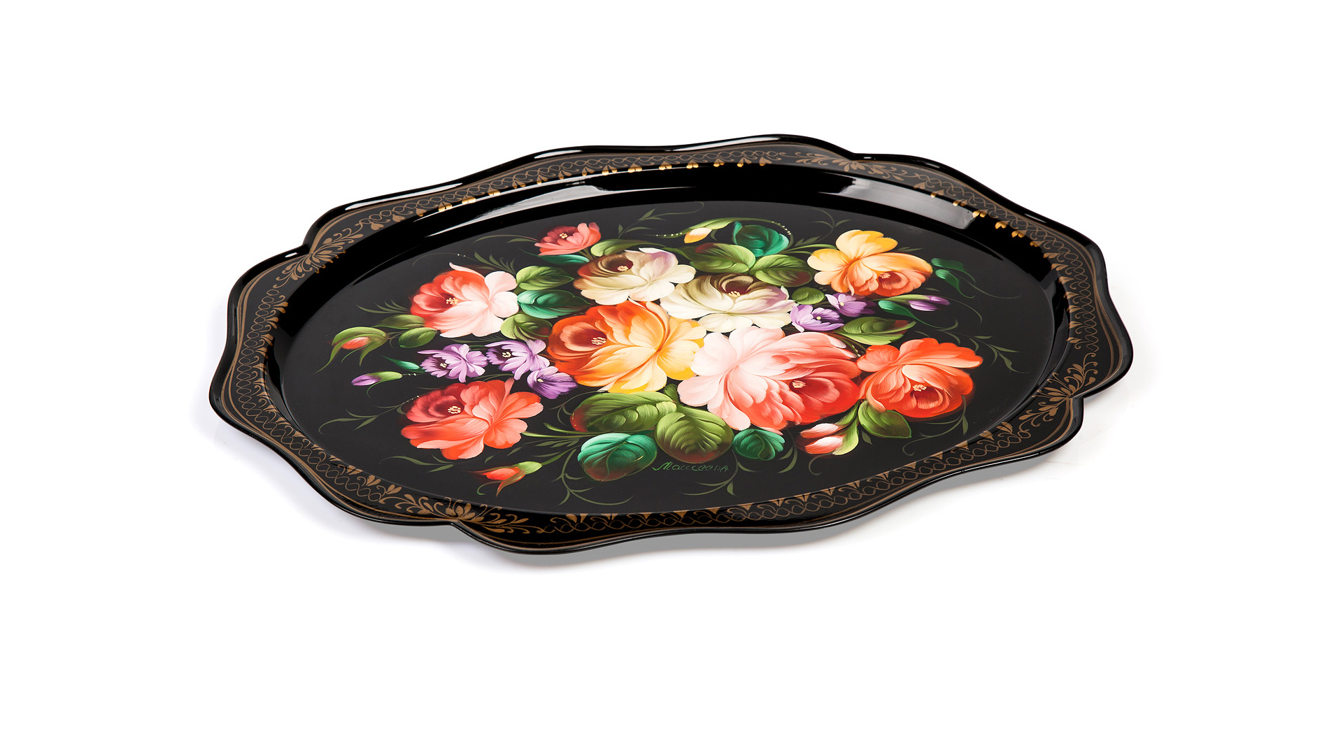 10618046 Жостовская фабрика декоративной росписи Поднос 38х30см НХПР "Прелестный" Сталь  - Вид №1