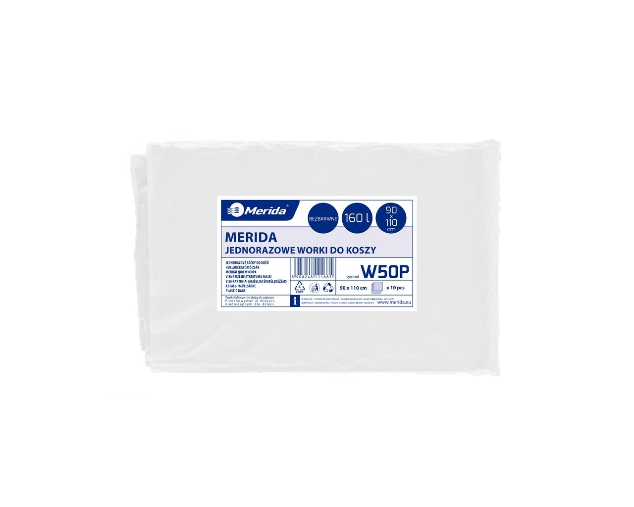 W50P Одноразовые мешки для мусора, 90 x 110 см, вместимость 160 л, 10 шт. в упаковке, ПРОЗРАЧНЫЕ, LDPE Merida 