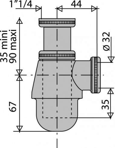 141300 000 00  Сифон для мойки, хромированный, регулируемый размер 35/90 мм, выход D 32 мм, латунь Valentin Хром  - Вид №2