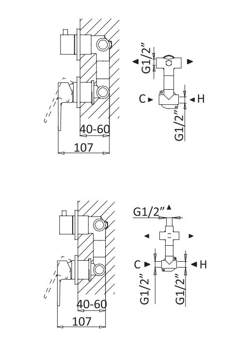 Встраиваемый однорычажный смеситель для душа с поворотным переключателем на 3 выхода CEZARES NAUTIC-VDIM3-M-01 - Вид №1