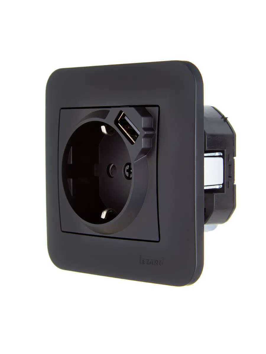 ASTI Розетка с/з + USB разъём чёрный бархат LEZARD 7081-4242-181 - Вид №2
