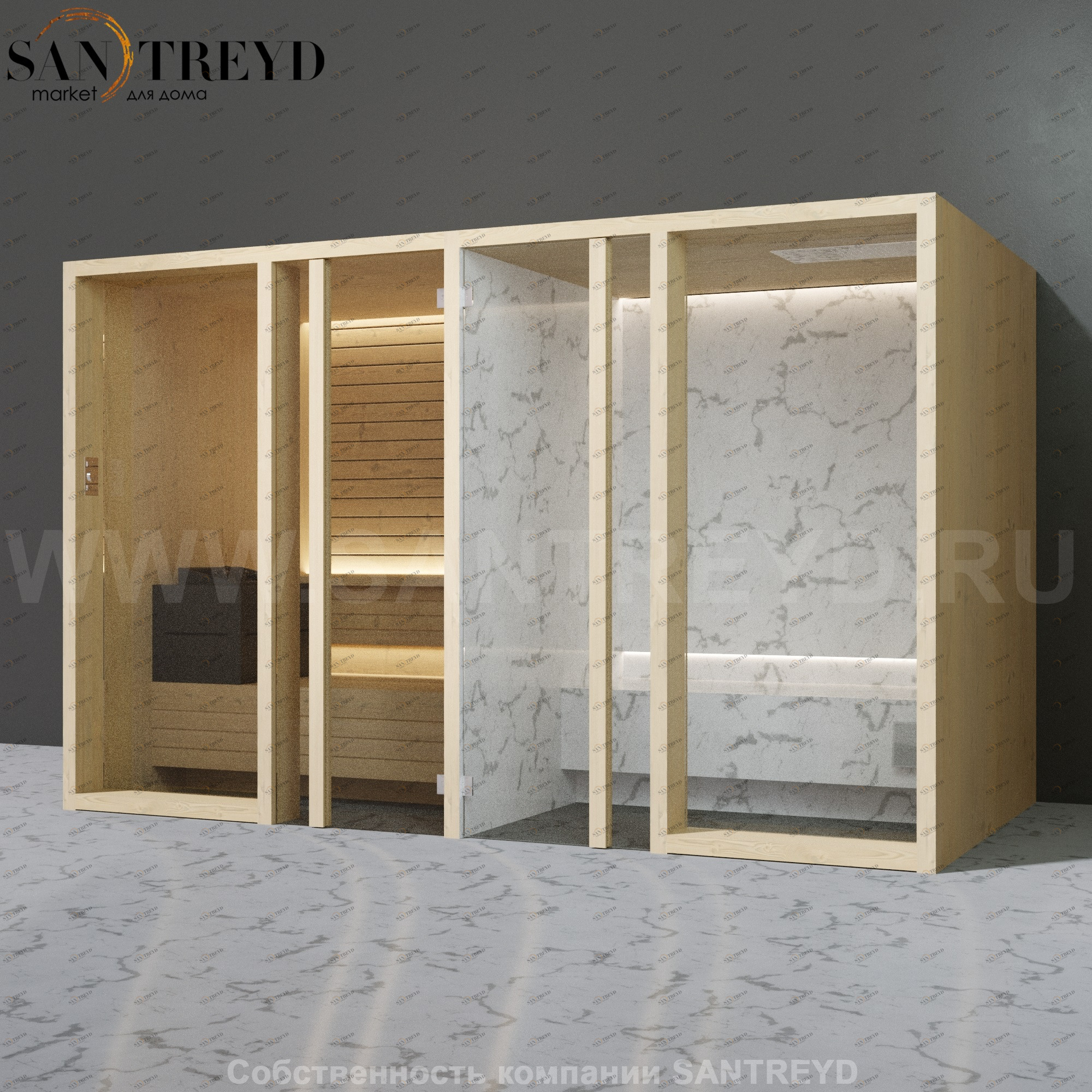 Effegibi YOKU.G SH YO.30110004 Комбинированная баня: хаммам и сауна. Установка: к стене Мощность: 10,5 кВт макс. Размеры: длина 342 см, ширина 170 см. Отделка: осина термообработанная и светлый керамогранит YO30110004