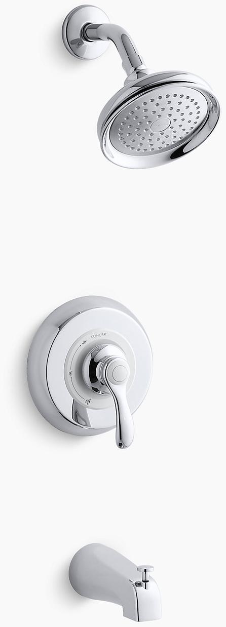 KOHLER Отделка клапана для ванны и душа Fairfax Rite-Temp с рычажной ручкой, скользящим изливом и насадкой для душа 2,5 галлона в минуту K-TS12007-4S-CP  - Вид №1