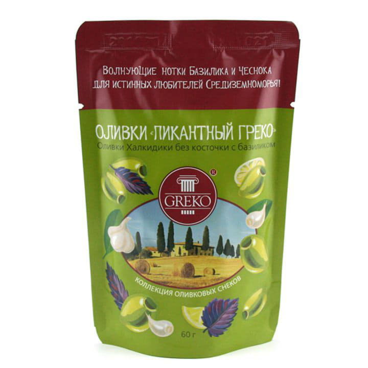 Оливки ПИКАНТНЫЙ ГРЕКО без косточки с базиликом Santreyd 9794