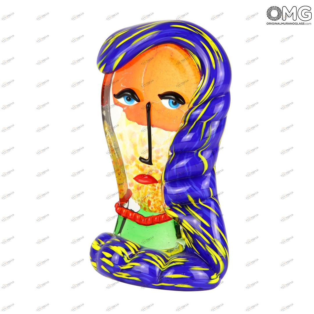 2687 ORIGINALMURANOGLASS Скульптура Голова Женщины с сиреневыми волосами - по мотивам Пикассо - Pop Art - Original Murano Glass OMG 14 см PICASSO