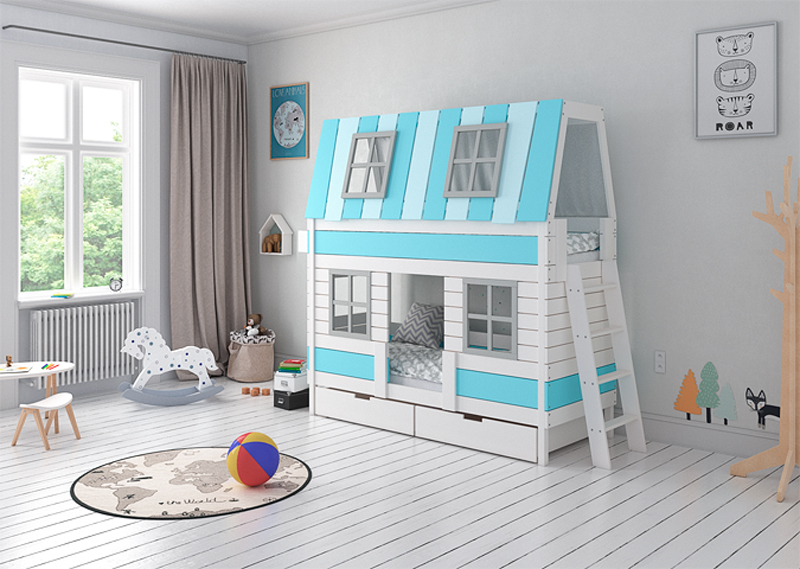 Кровать-домик двухъярусная Home West M 80х160 см белая, голубая ELLIPSE ELLIPSE HOME 351802 Белый;голубой Santreyd  - Вид №1
