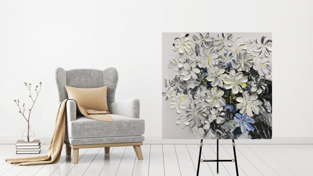 Картина на холсте 100х100 см "Привлекательные Лилии" EVENHOME КАРТИНЫ МАСЛОМ 130034 Голубой;серый  - Вид №1