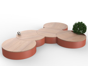 Секционная круглая скамейка из стали и дерева со встроенной плантатором