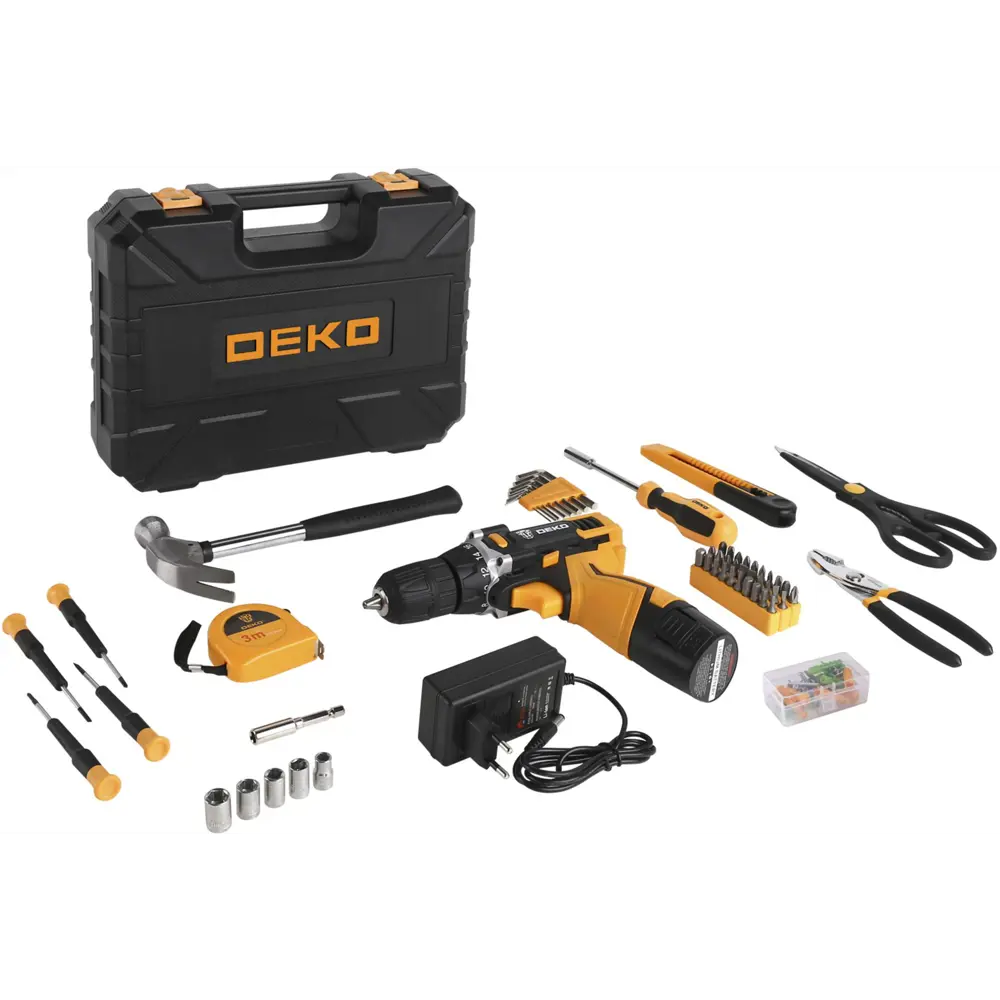 Дрель-шуруповерт аккумуляторная Deko DKCD12FU 12 В Li-ion 1x1.5 Ач и набор инструментов, 104 предмета STLM-2148957 - Вид №1