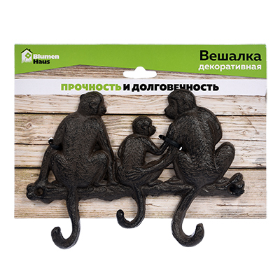Вешалка настенная на 3 крючка черная 19,5 см "Обезьяна" BLUMEN HAUS ЖИВОТНЫЕ 00-3971633 Черный - Вид №1