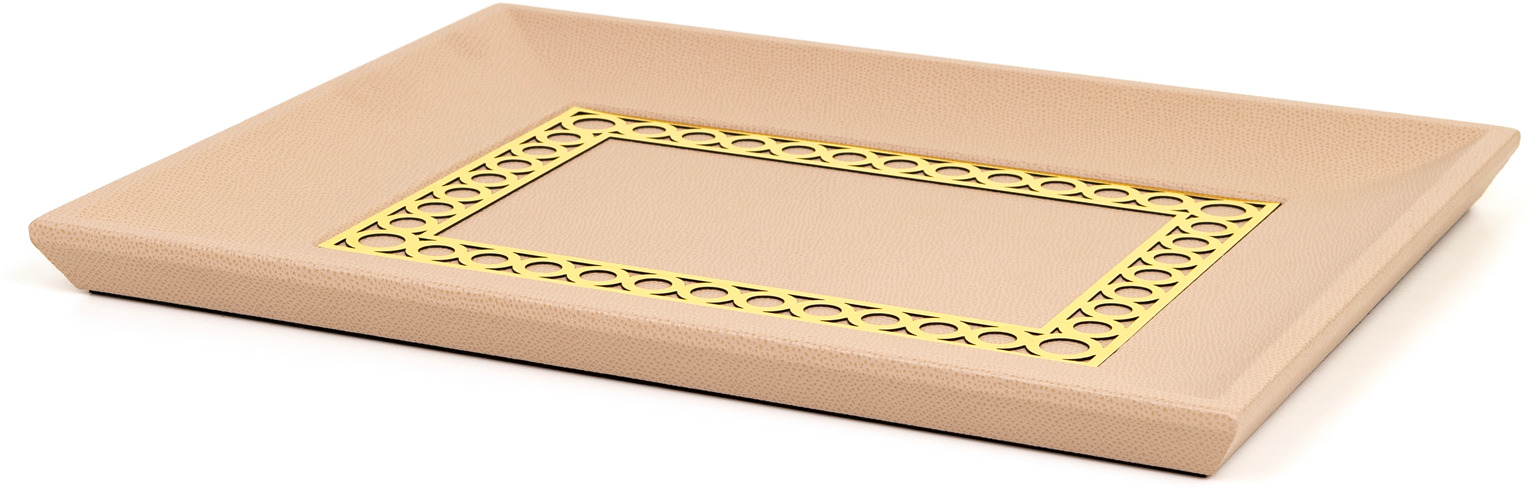 Прямоугольный поднос для мелочей Aston - 35X28 см / металлическая отделка_хром / зерненая кожа_верблюжий