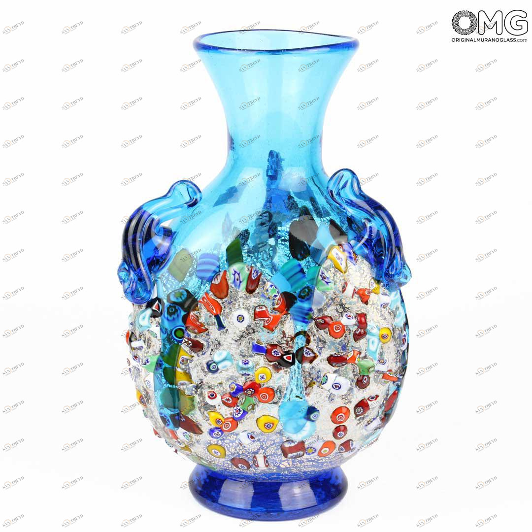 2165 ORIGINALMURANOGLASS Голубая ваза-амфора из муранского стекла с мурринами миллефиори и серебром 14 см 