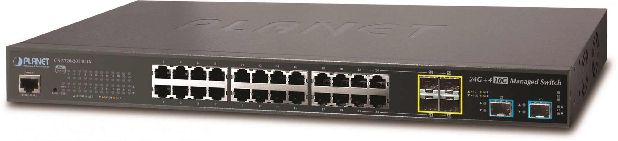GS-5220-20T4C4X Planet l2+/l4 20-port 10/100/1000t + 4-port gigabit tp/sfp combo + 4-port 10g sfp+ managed switch, with hardware layer3 ipv46/ipv6 static routing PLANET Technology Corporation Santreyd 