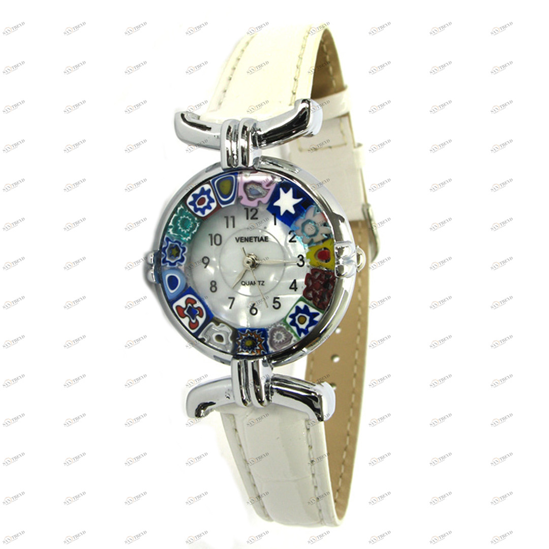 1900 ORIGINALMURANOGLASS Наручные часы Миллефиори - белый ремешок - муранское стекло 21 см 