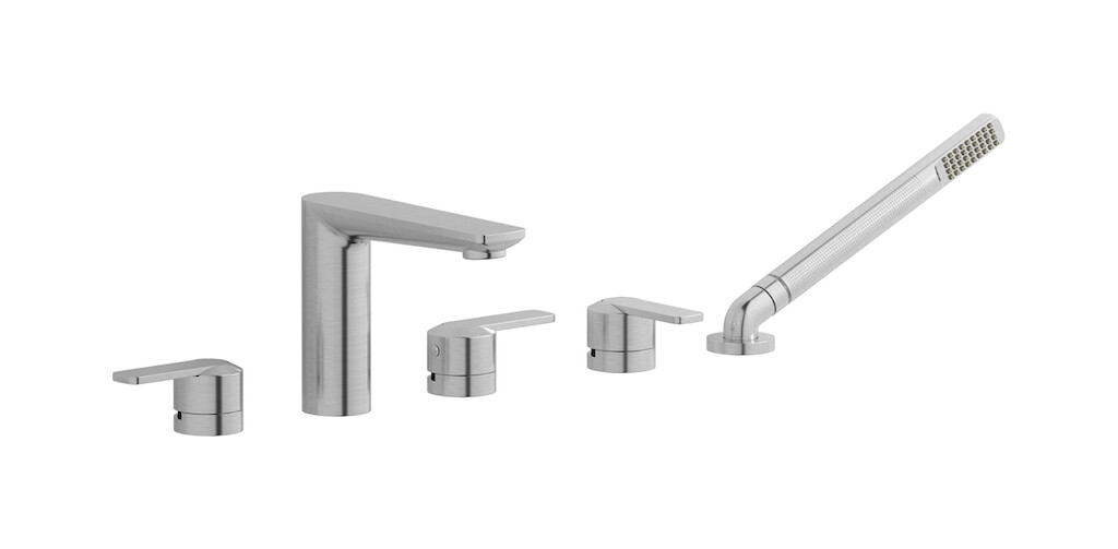 Смеситель на бортик ванной на 5 отверстий с дивертером и душевым гарнитуром. WE ARE IB c6396ss Brushed Nickel C-67