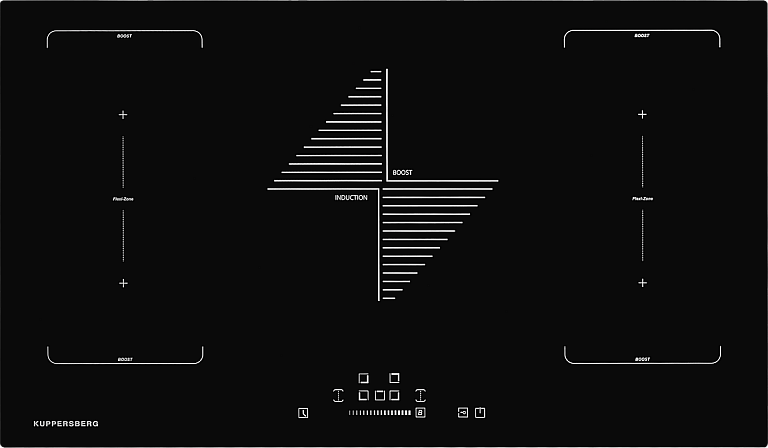 IMS 901 Индукционная варочная поверхность стеклокерамическая,ширина 90 см, 5 варочных зон, 2 зоны flexi/bridge электронное сенсорное управление + слайдер, 8 цифровых дисплев, 9 уровней мощности, таймер, режим booster, блокировка панели управления, защита Santreyd 