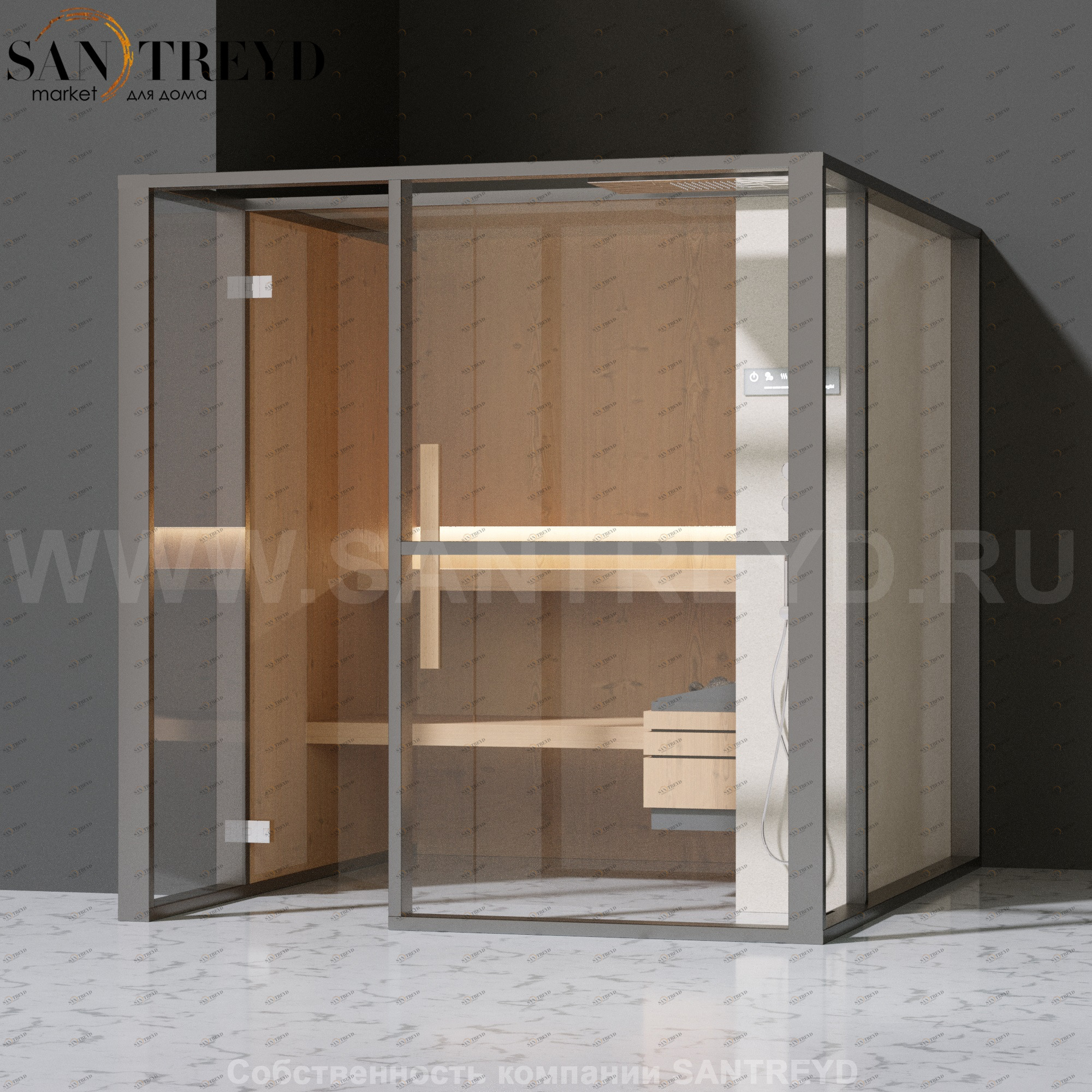 Effegibi LOGICAFILO S LO21010013 Сауна. Установка: в левый  полуугол. Правая дверь. Мощность: 6 кВт макс. Размеры: длина 214 см, ширина 250 см. Отделка: канадский хемлок, матовый лакированный серый аллюминий и бежевый ламинат из керамогранита.