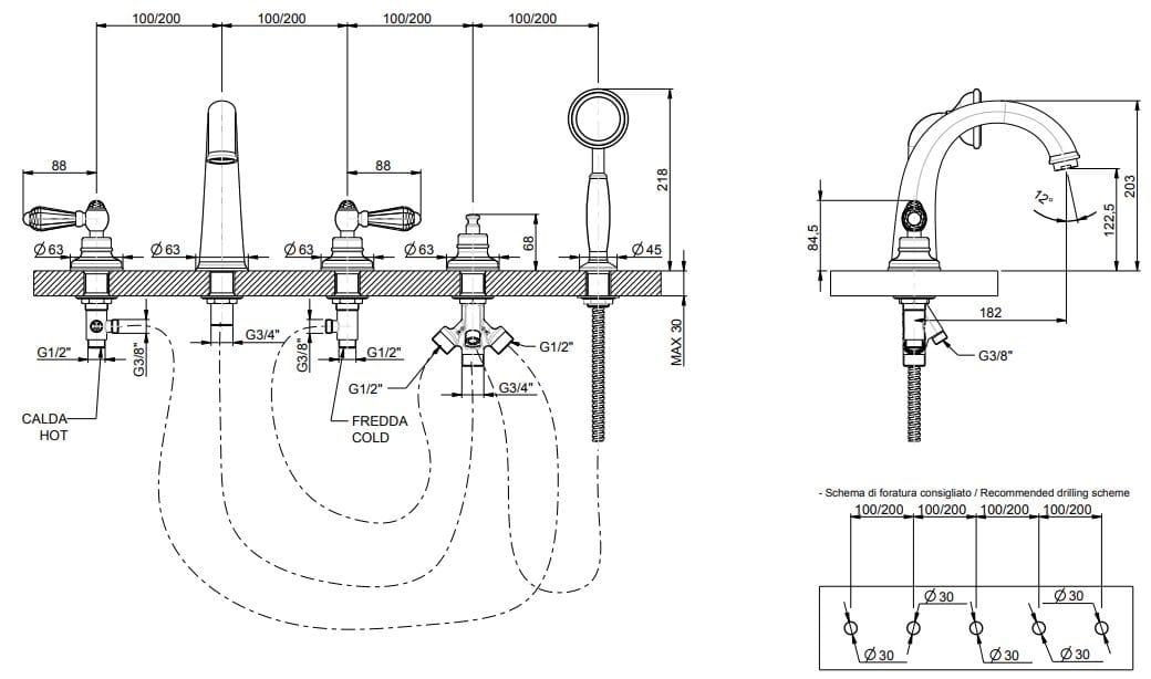 Смеситель для ванны с 5 отверстиями и ручным душем Rubinetterie Frattini Lybra M Style ARCH-00127302 - Вид №1