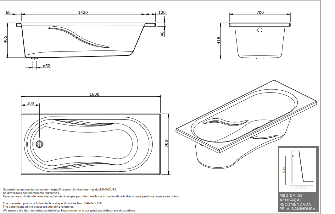 Ванна акриловая Sanindusa Aveiro 160х70 8030000000 - Вид №1