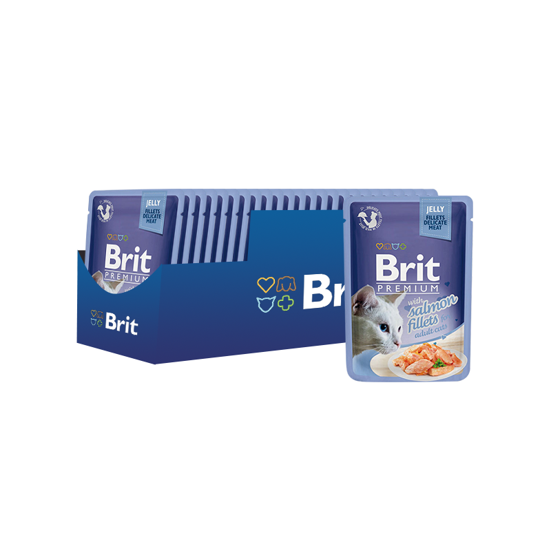 ПР0047470*24 Корм для кошек Premium Cat Jelly Кусочки из филе лосося в желе пауч 85г (упаковка - 24 шт) Brit 