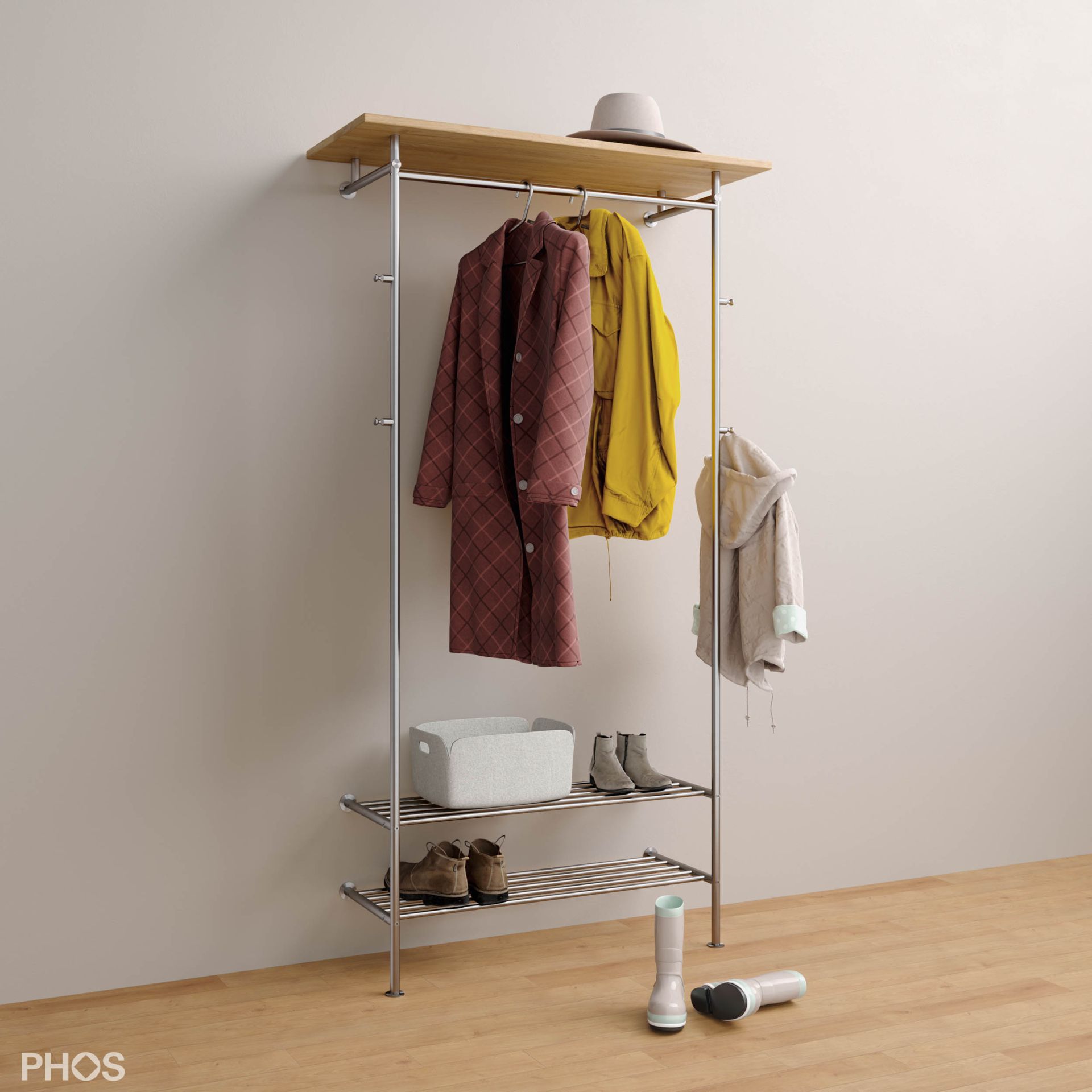 GL2-Eiche-SR1000 Шкаф для прихожей с деревянной полкой и двухъярусными полками для обуви PHOS 