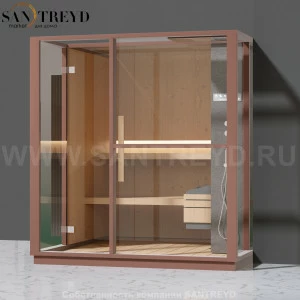 Effegibi LOGICA S LO20030015 Сауна. Установка: в правый  полуугол. Правая дверь. Мощность: 6 кВт макс. Размеры: длина 214 см, ширина 250 см. Отделка: канадский хемлок, матовый лакированный коричневый аллюминий и темный ламинат из керамогранита.