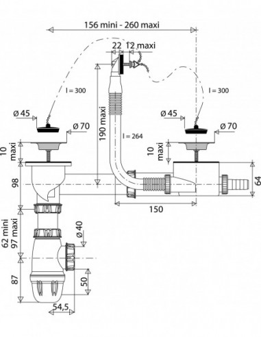 784500 000 00  Полный комплект для мойки с 2 чашами Д. 50 мм со встроенным переливом, сертифицирован NF Valentin Чернить  - Вид №2